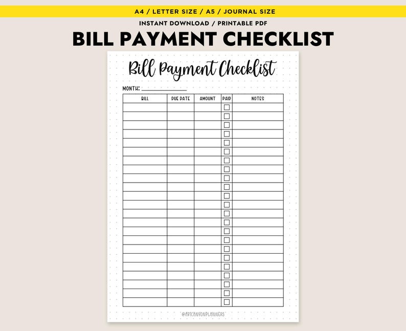 Bill Pay Off Checklist.pdf Bill Payment Checklist Printable A4 A5 Letter Journal Size Instant ...