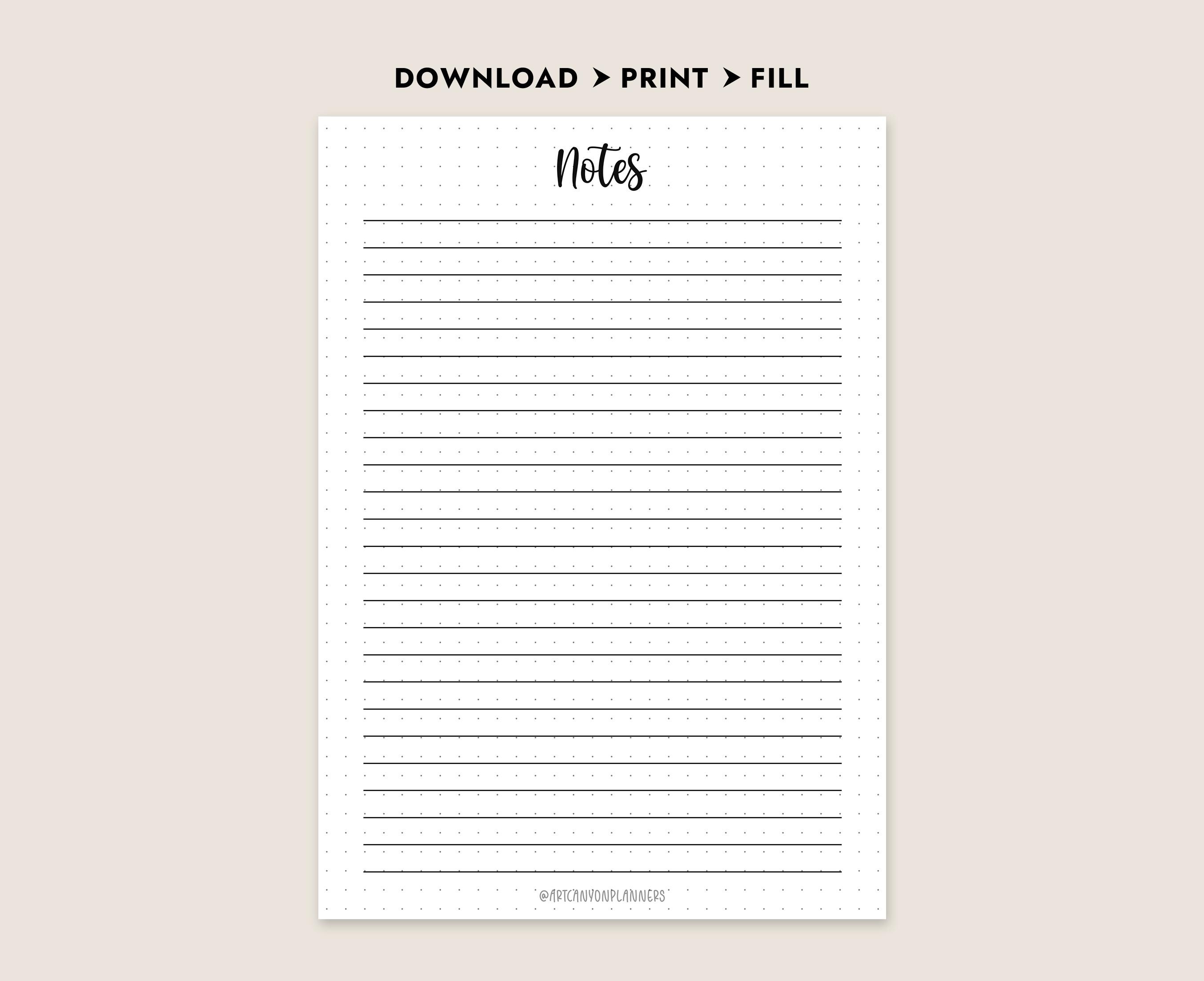 Notes Instant Download Printable PDF Digital Notebook Lined Dotted ...