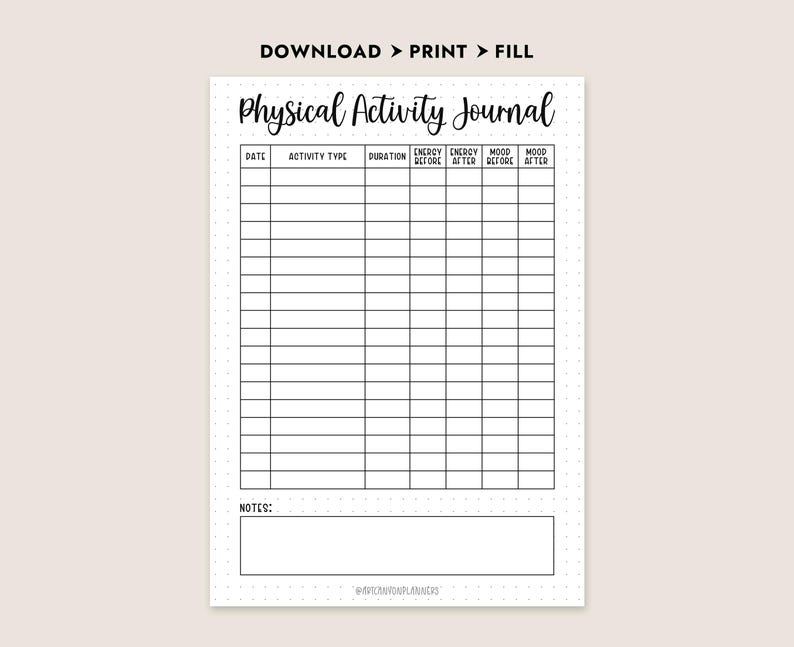 Physical Activity Journal Printable Workout Log Fitness Planner ...
