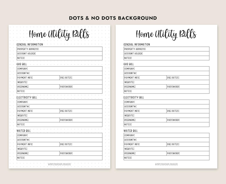 May include: Two printable planner pages titled "Home Utility Bills." The pages feature sections for general information, gas, electricity, and water bills. One page has a dotted background, and the other has a plain background.