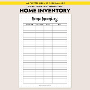 May include: A printable Home Inventory PDF document with a cream background. The document includes the title "Home Inventory" in a handwritten font, and columns for description, cost/value, receipt, and notes. The document is A4/Letter size.