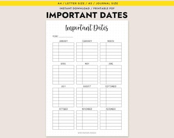Printable Important Dates Yearly Tracker Annual Overview A4 Letter A5 Journal PDF Download