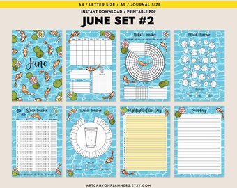 June Title Page Calendar Cover Page Printable Inserts Bullet Journal Bundle A4 A5 Half Size Letter Mood Tracker Habit Water Sleep Tracker