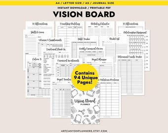 May include: A collection of printable vision board planner pages. The pages include sections for affirmations, goal setting, and financial planning. The image also includes the text "Vision Board" and "Contains 94 Unique Pages!"