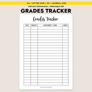 May include: A printable Grades Tracker on a white background. The top of the page has the text "A4 / LETTER SIZE / A5 / JOURNAL SIZE" and "GRADES TRACKER". The main body of the page has a table with columns for Date, Subject, Assessment/Exam, and Grade.