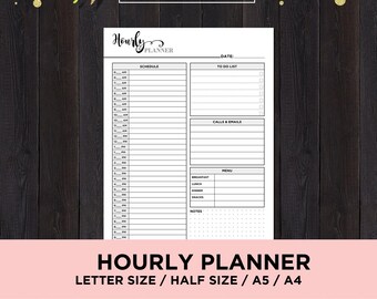 Hourly Planner Printable Insert Half Size Planner Inserts A4 A5 Half Size Letter Inserts
