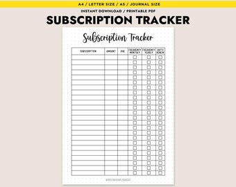 May include: A printable subscription tracker with a white background and black text. The title "Subscription Tracker" is at the top. The tracker includes columns for subscription, amount, due date, frequency, and auto-renew. The document is available in A4, Letter, and A5 sizes.