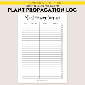 Könnte beinhalten: Ein druckbares Pflanzenvermehrungsprotokoll mit weißem Hintergrund. Das Protokoll enthält Abschnitte für Datum, Pflanzenname, Methode und Dauer mit Kontrollkästchen zur Verfolgung. Der Titel "Plant Propagation Log" wird in fetter, schwarzer Schrift angezeigt.