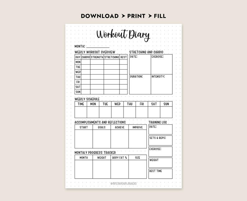 Workout Diary Printable Fitness Planner A4 A5 Letter Exercise Log Monthly Training Journal ...