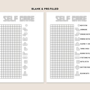 May include: A printable self-care tracker with a grid of squares for checking off daily activities. The activities include meditation, journaling, skincare routine, drinking water, sleeping 7+ hours, taking a walk, reading for pleasure, stretching/yoga, digital detox, gratitude practice, and relaxing bath.
