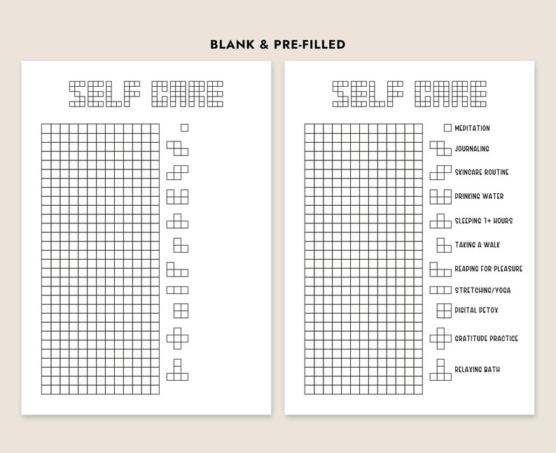 May include: A printable self-care tracker with a grid of squares for checking off daily activities. The activities include meditation, journaling, skincare routine, drinking water, sleeping 7+ hours, taking a walk, reading for pleasure, stretching/yoga, digital detox, gratitude practice, and relaxing bath.