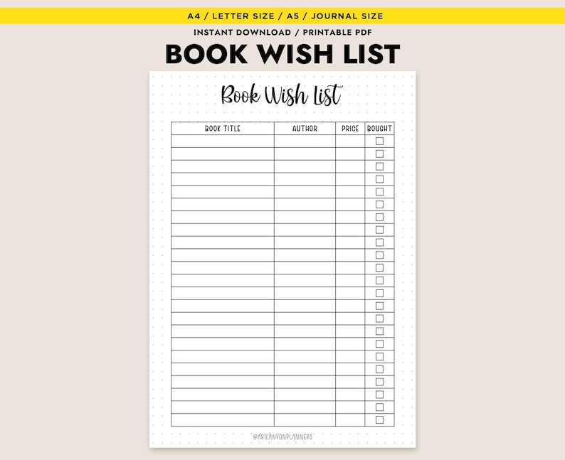 Book Wish List Printable Reading Log Tracker PDF Planner Insert A4 A5 ...