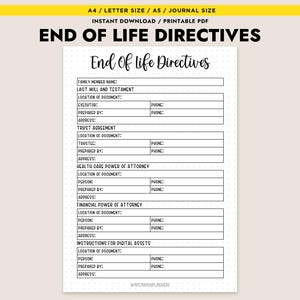 May include: A printable PDF document titled "End of Life Directives." The document includes fillable fields for family member name, last will, trust agreement, health care power of attorney, and financial power of attorney. The document is designed for A4, Letter, A5, and journal sizes.