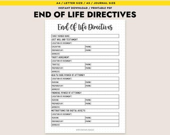 Planificador de fin de vida, organizador de directivas imprimible, planificación patrimonial, documento de deseos finales, A4, A5, PDF