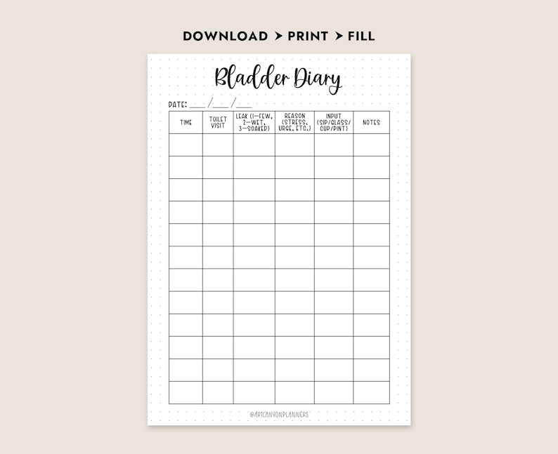 Simple Bladder Tracking Bladder Diary Printable Insert Medical Symptom Tracker A4 A5 Letter ...