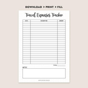 May include: A printable travel expenses tracker with columns for date, description, and amount. There is a section for notes and a total at the bottom.