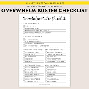 Puede incluir: Una lista de verificación en PDF imprimible titulada "Overwhelm Buster Checklist" con secciones para conectarse a tierra, preparar el entorno, microacciones, herramientas de enfoque suave y ánimo. La lista de verificación incluye casillas de verificación.