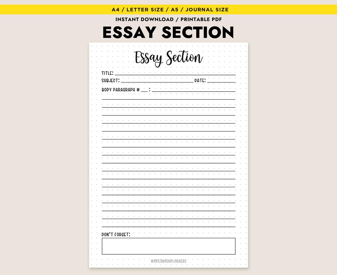 Printable Essay Body Paragraph Template Instant Download PDF for