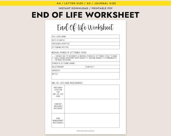 End of Life Planner Worksheet Printable Advance Directive Medical POA A4 Letter A5 Instant Download
