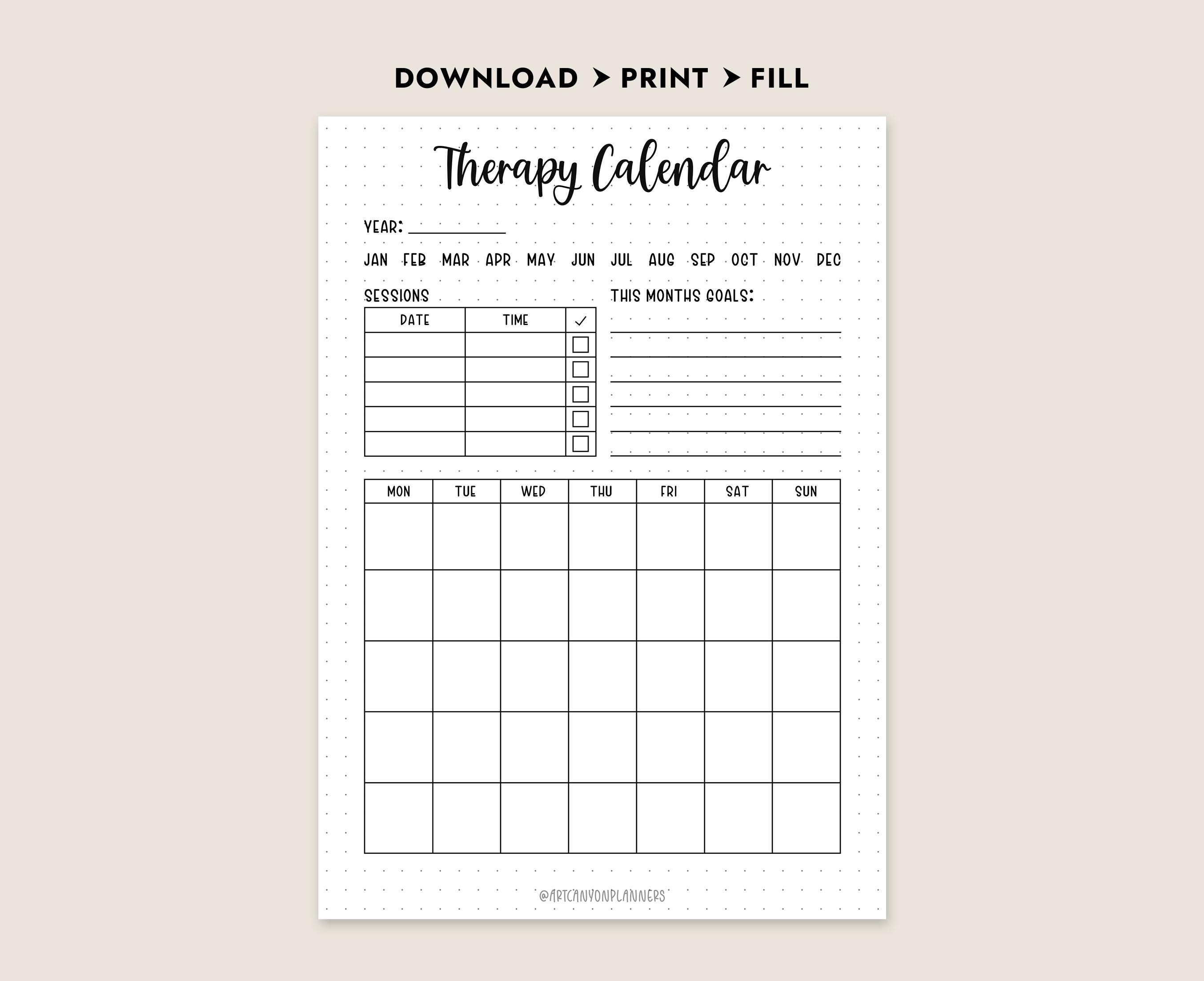 Therapy Calendar Printable Mental Health Journal Session Tracker ...