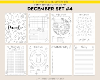May include: A printable December planner set with eight pages. The pages include a calendar, habit tracker, mood tracker, sleep tracker, water tracker, and a page for daily highlights. The pages are decorated with holiday-themed illustrations.