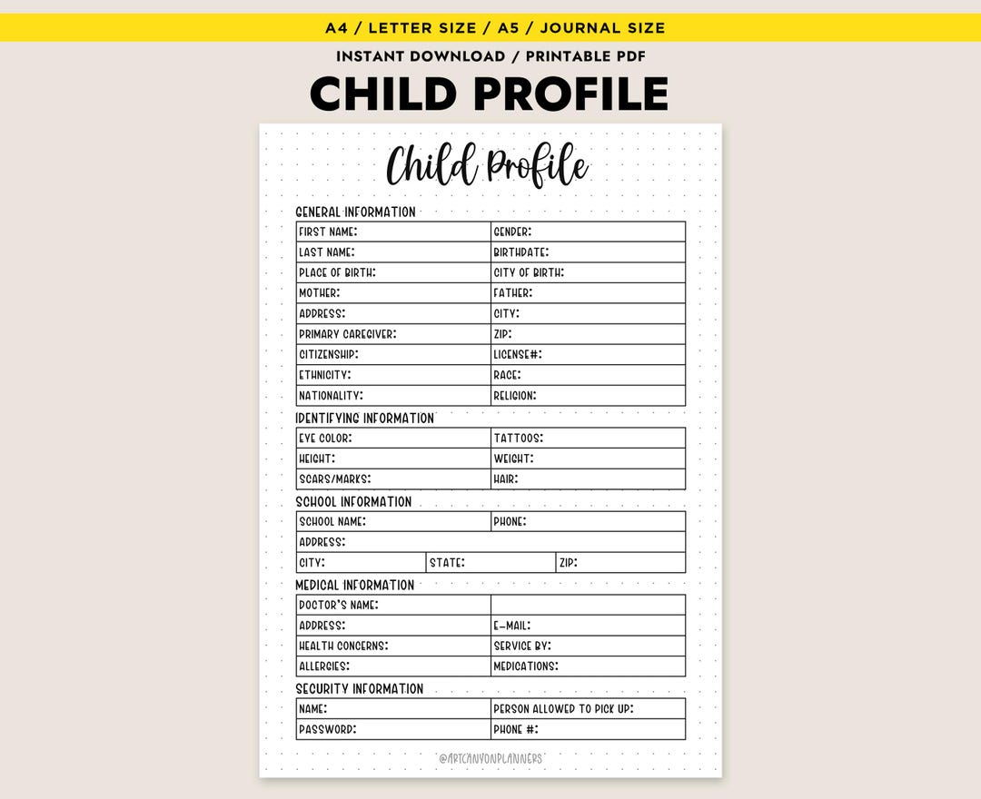 Child Profile Printable PDF Instant Download Babysitter Nanny Info ...