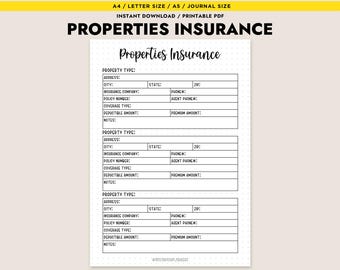 Properties Insurance Log Printable Home Organizer Planner Insert PDF Instant Download A4 Letter A5