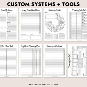 May include: A collection of eight printable planner pages with black text on a cream background. The pages include cleaning schedules, trackers, and room-by-room checklists. The top of the image reads "CUSTOM SYSTEMS + TOOLS". The Etsy shop name is visible at the bottom.