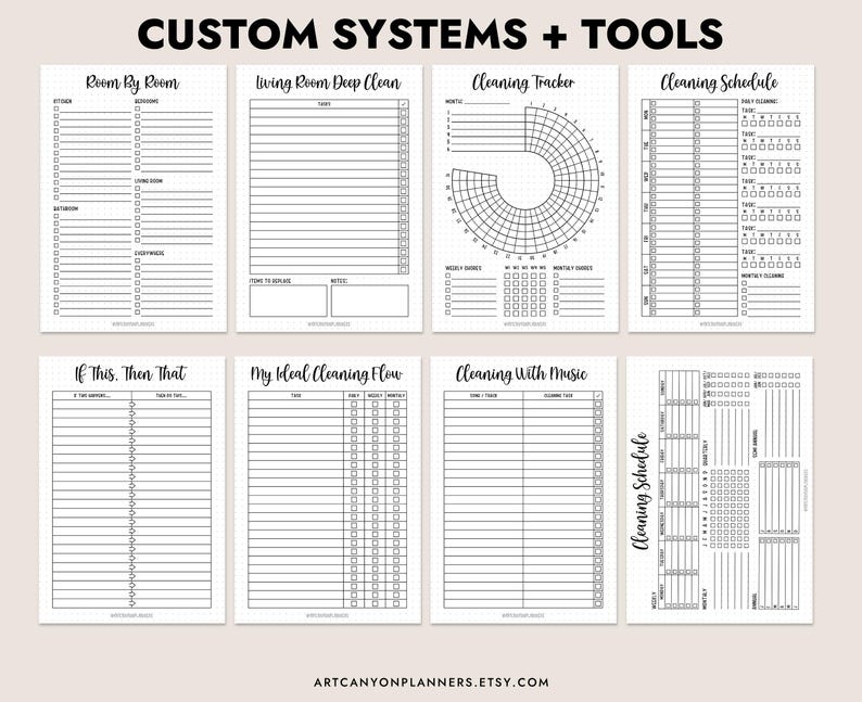 May include: A collection of eight printable planner pages with black text on a cream background. The pages include cleaning schedules, trackers, and room-by-room checklists. The top of the image reads "CUSTOM SYSTEMS + TOOLS". The Etsy shop name is visible at the bottom.
