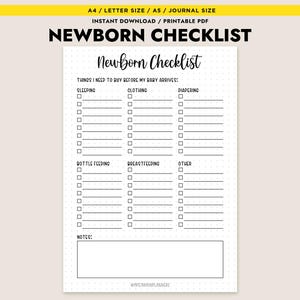 Puede incluir: Una lista de verificación imprimible para recién nacidos con el título "Newborn Checklist" en una fuente manuscrita. La lista incluye secciones para dormir, ropa, pañales, alimentación con biberón, lactancia materna y otros, con casillas de verificación. El documento es tamaño A4/Carta.