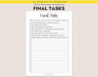 Final Tasks Checklist Printable End of Life Planner After Death Organizer Estate Planning PDF A4 A5