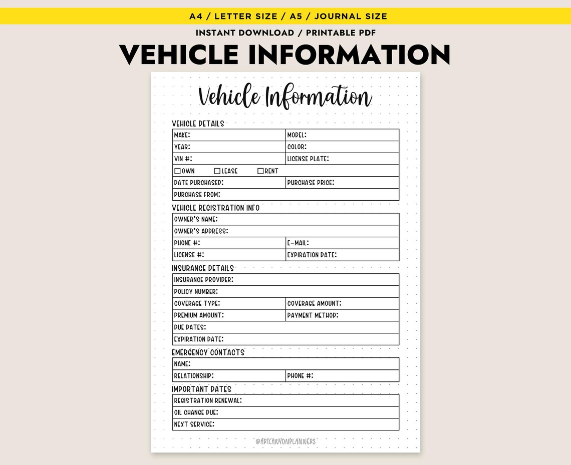 Vehicle Information Printable Car Maintenance Log Auto Organizer ...