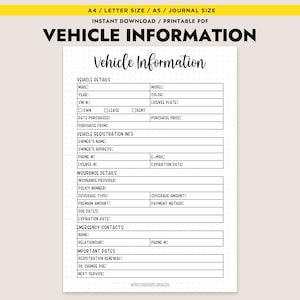 Könnte beinhalten: Ausdruckbares Fahrzeuginformationsblatt im A4/Letter-Format. Enthält Abschnitte für Fahrzeugdetails, Registrierung und Versicherung. Mit Feldern für Marke, Modell, Jahr und Fahrzeughalterinformationen. Sofortiger Download und Druck.