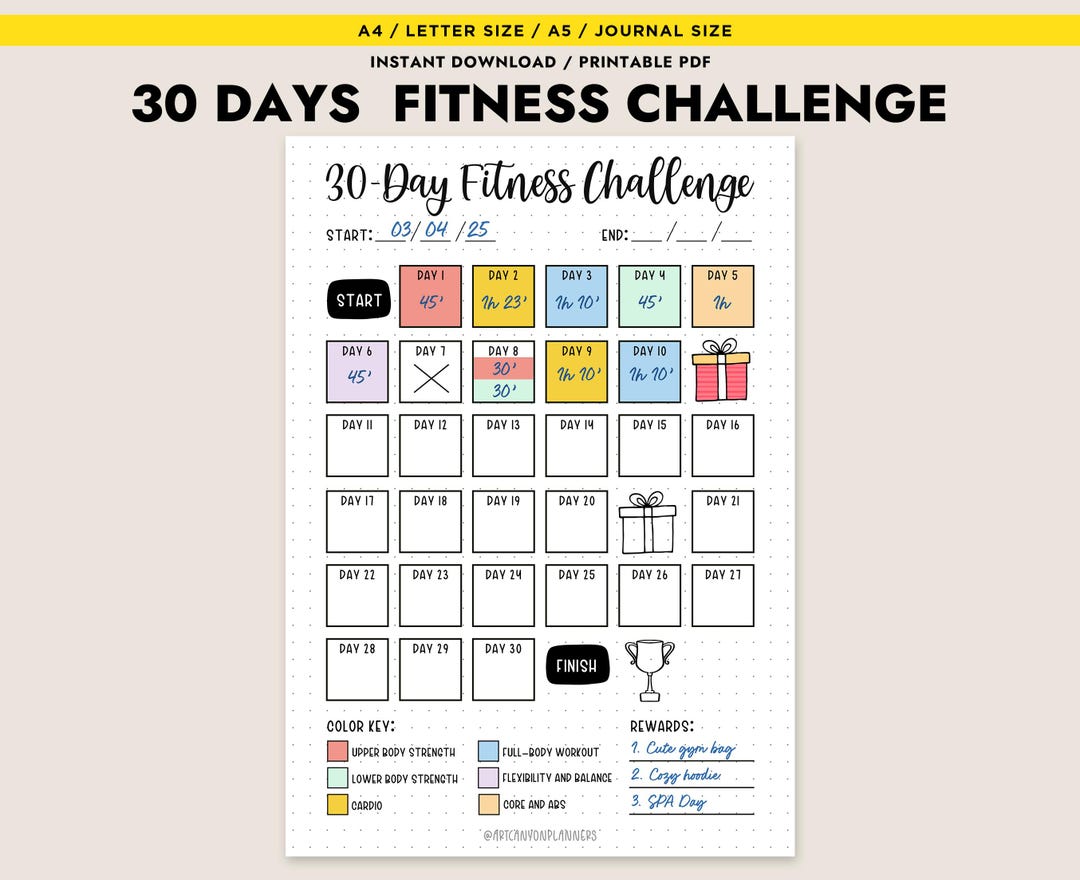 30 Day Fitness Challenge Digital Fitness Workout Exercises Printable ...