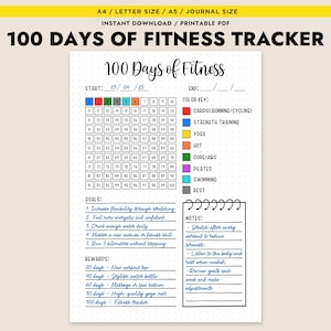 Op de afbeelding: Printbare 100 dagen fitness tracker met een raster om trainingen te loggen, een kleursleutel voor verschillende soorten oefeningen en een sectie voor doelen en beloningen. De tracker bevat notities voor rekken, luisteren naar je lichaam en het beoordelen van doelen elke week.