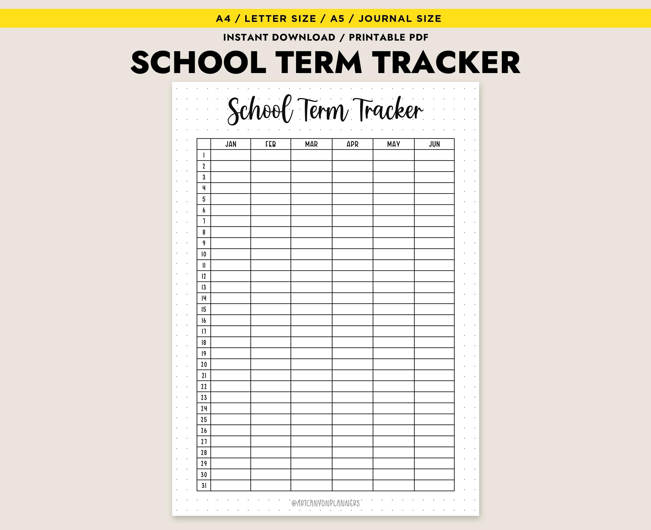 School Term Tracker Printable Student Planner PDF Academic Calendar Log ...