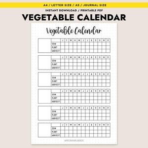 Könnte beinhalten: Ein druckbarer Gemüsekalender mit cremefarbenem Hintergrund. Der Kalender hat ein Rasterlayout mit Abschnitten zum Säen, Pflanzen und Ernten, wobei die Monate oben beschriftet sind. Der Titel "Vegetable Calendar" wird in einer handschriftlichen Schriftart angezeigt.
