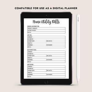 May include: A black digital tablet displaying a "Home Utility Bills" template, with fields for general information, gas, electricity, and water bills. A white stylus is positioned to the right. The text "COMPATIBLE FOR USE AS A DIGITAL PLANNER" is at the top.