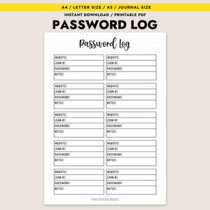 Pode incluir: Um registo de palavras-passe imprimível com fundo creme. A parte superior da página tem o texto "A4 / LETTER SIZE / A5 / JOURNAL SIZE" e "INSTANT DOWNLOAD / PRINTABLE PDF". O título "PASSWORD LOG" está em negrito preto. As palavras "Password Log" estão escritas em itálico. O registo tem espaços para site, ID de login, palavra-passe e notas.