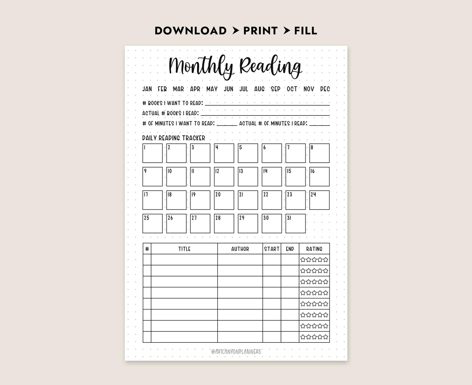 Monthly Reading Log Printable PDF Book Tracker Journal Insert A4 Letter ...