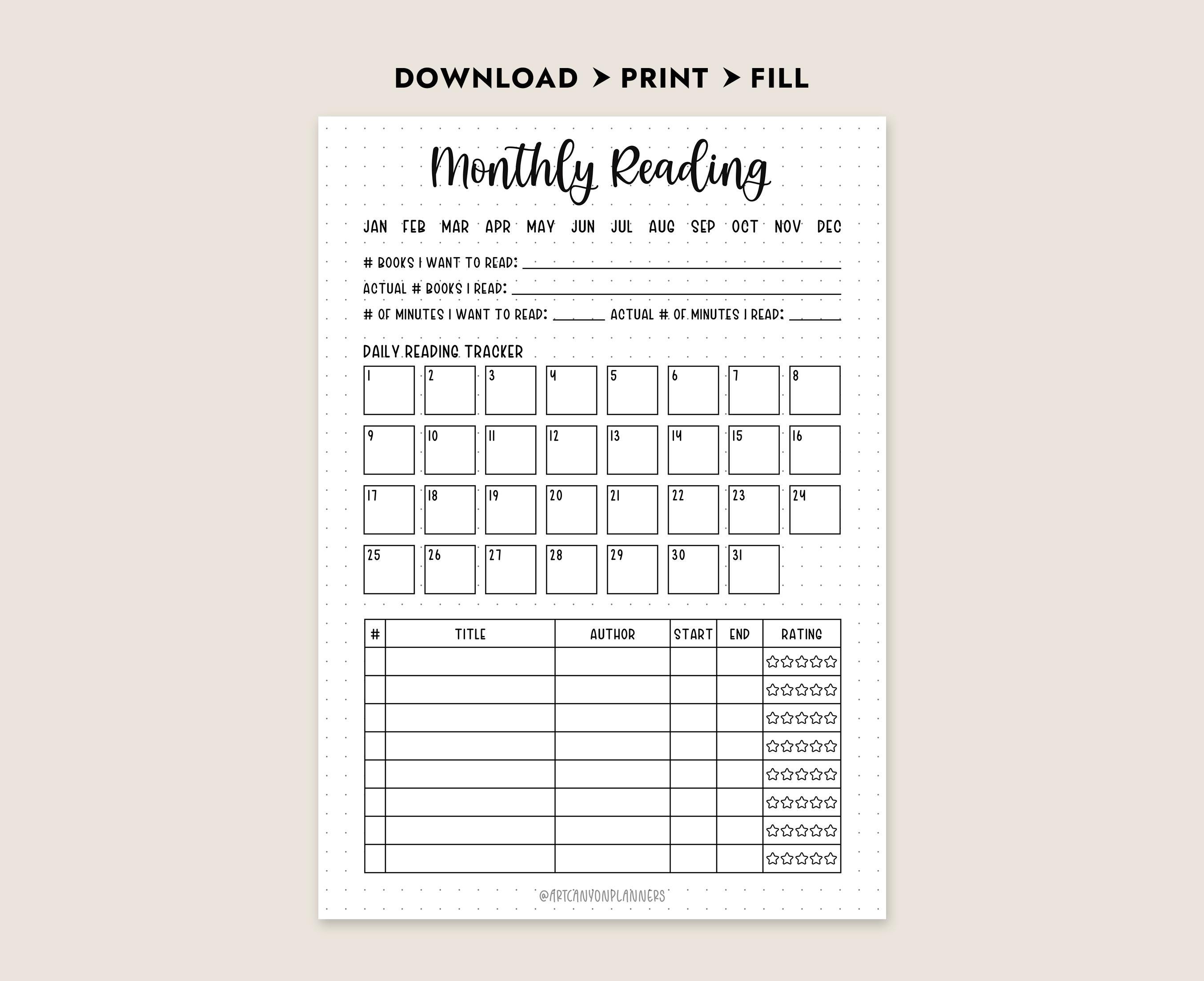Monthly Reading Log Printable PDF Book Tracker Journal Insert A4 Letter ...