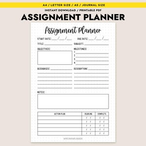 May include: A white assignment planner with a dotted background. The planner includes sections for start date, title, objectives, resources, notes, and an action plan. The text "Assignment Planner" is at the top.