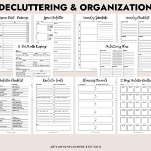 May include: A collection of printable decluttering and organization worksheets. The black and white pages include checklists, schedules, and plans for various areas of the home, such as workspace, laundry, and decluttering goals. The text "DECLUTTERING & ORGANIZATION" is at the top.