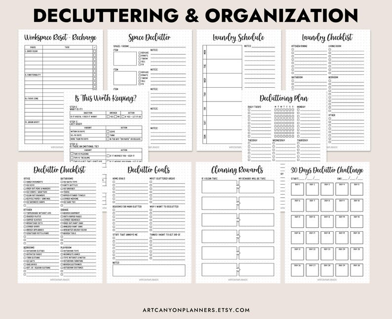 May include: A collection of printable decluttering and organization worksheets. The black and white pages include checklists, schedules, and plans for various areas of the home, such as workspace, laundry, and decluttering goals. The text "DECLUTTERING & ORGANIZATION" is at the top.