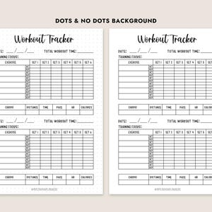 May include: Printable workout tracker with two pages. The left page has a dotted background and the right page has a white background. Both pages have a black and white design with the text "Workout Tracker" at the top. The pages are divided into sections for date, training focus, exercise, set, cardio, distance, time, pace, HR, and calories.
