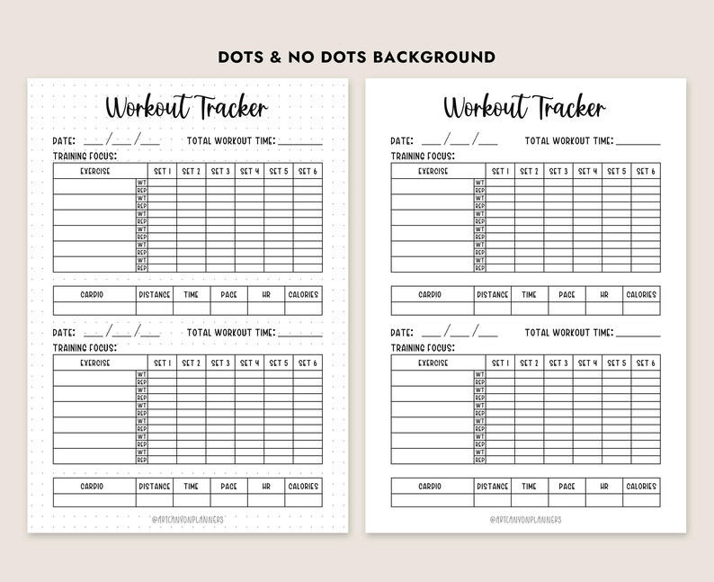 May include: Printable workout tracker with two pages. The left page has a dotted background and the right page has a white background. Both pages have a black and white design with the text "Workout Tracker" at the top. The pages are divided into sections for date, training focus, exercise, set, cardio, distance, time, pace, HR, and calories.