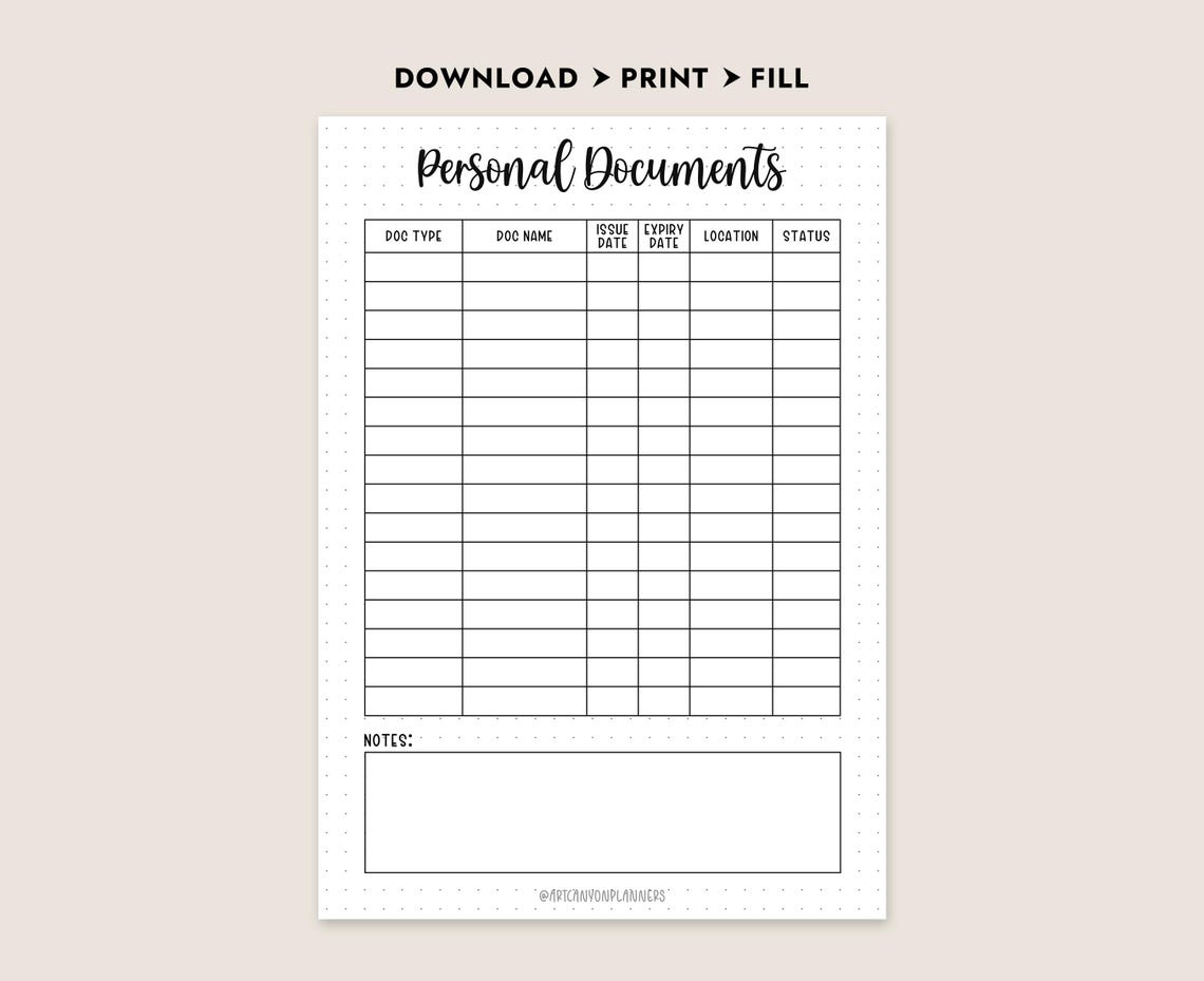 Document Tracking List.pdf Personal Documents Tracker Printable Important Info Log A4 A5 Letter ...