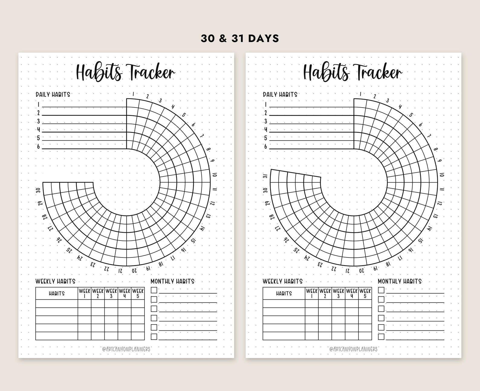 Habits Tracker Printable Monthly Daily Weekly Circle Log A4 A5 Letter ...