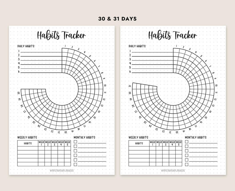 Pu&ograve; includere: Un tracker di abitudini stampabile in bianco e nero con sezioni per abitudini quotidiane, settimanali e mensili. Il tracker include una griglia circolare per tenere traccia delle abitudini quotidiane per 30 o 31 giorni.