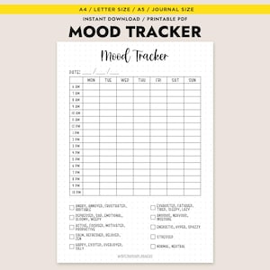 Weekly Mood Tracker Printable Hourly Mental Health Log Feelings Chart Self Care Journal A4 A5